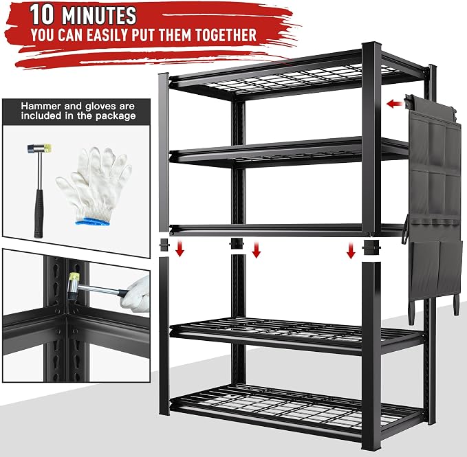 REIBII 37.9" W Storage Shelving with Tool Bag for Garage Workshop Basement | Wire Mesh Panel, Adjustable, Detachable, 5-Tier, Easy Assembly, for Homeowner and DIYer, 66.1" H x 37.9" W x 15.8" D, 2000Lbs