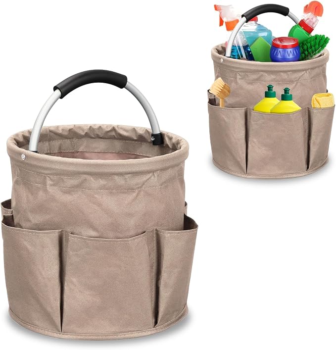 mumisuto Wearable Cleaning Caddy，Cleaning Supplies Organizer Foldable Basket Bucket Tool with Handle Cleaning Bag for Cleaning Professionals, Auto Detailers, Housekeepers (Khaki)