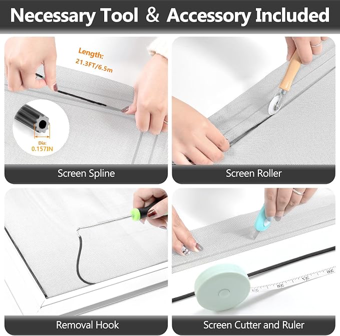 Secopad Window Screen Repair Kit, 39" x 78" Screen Door Mesh Replacement Kit, Durable Fiberglass Roll with Tools for Windows Doors Patio and Porch Replacement, Grey