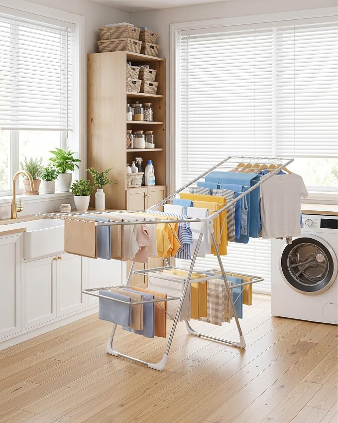 Sakugi Clothes Drying Rack, Foldable 2-Level with 70" Adjustable Wings | Laundry Room, Bedroom, Indoor & Outdoor Use, Height Adjustable, Clothing & Bedding, 70.0" L × 22.8" W, Silver and White