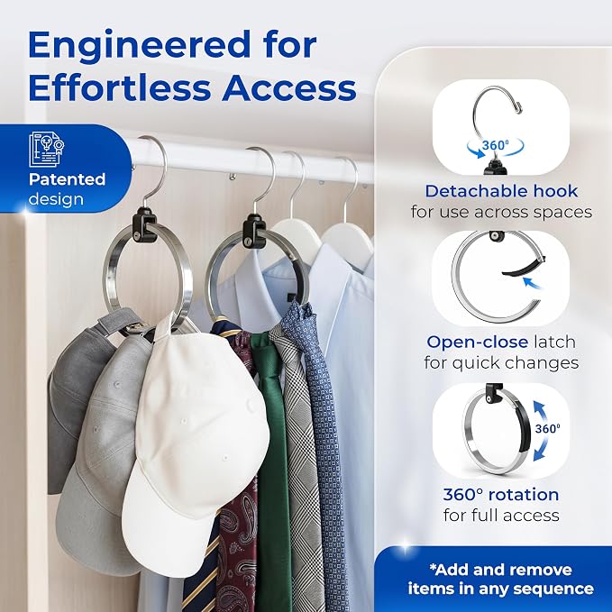 Rolly Hanger® Premium Closet Organizer, Rotating Aluminum Ring Hanger with 360° Swivel Hook, Space Saving Accessory Holder for Belts, Ties, Hats, Scarves, Purses & Handbags | Closet Organizer (2 Pack)