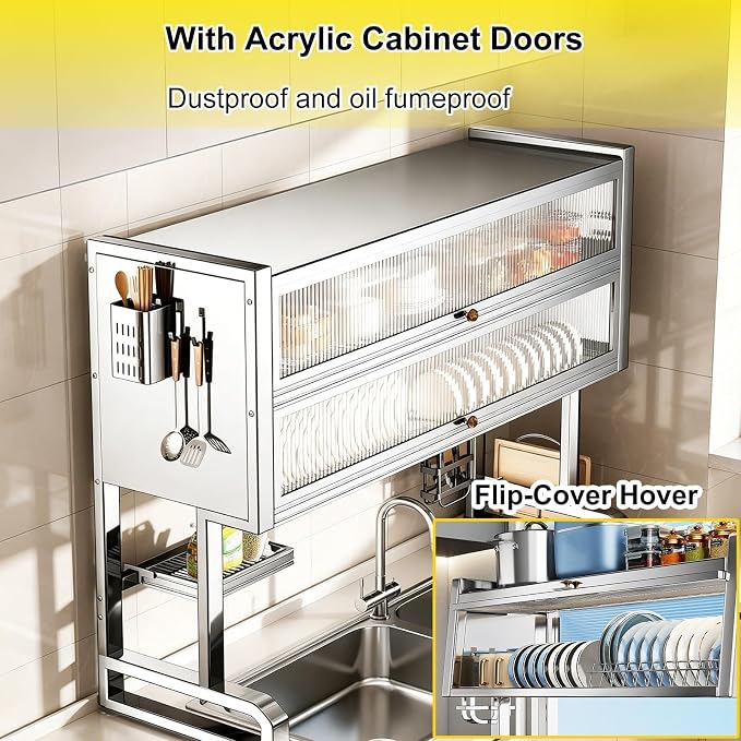 2 Layer Over The Sink Dish Rack with Cabinet Doors, 304 Stainless Steel Dish Drying Rack Over The Sink, Dustproof and Rustproof, Can Store Bowls, Plates, and Knives(87cm/34in)
