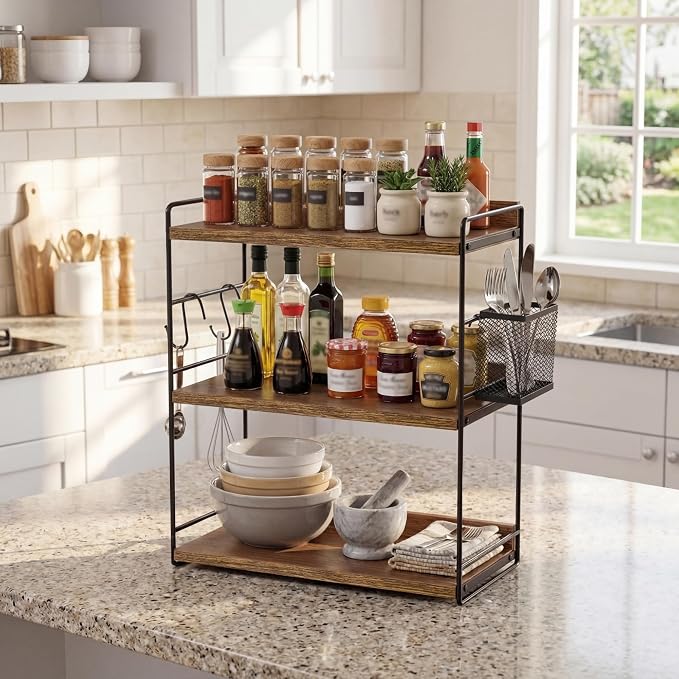 3-Tier Bathroom Counter Organizer with Basket, Brown | Wood Shelf for Skincare & Makeup, Sturdy & Space Saving, for Kitchen, Bathroom, Dresser