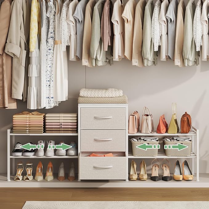 Expandable Closet Organizers and Storage,Wide Long 3 Drawer Dresser | White Fabric Storage Dresser, Clothes Shelves for Kids, Purse Organizer Small Shoe Rack for Closet Bedroom(47.24~71.47in)