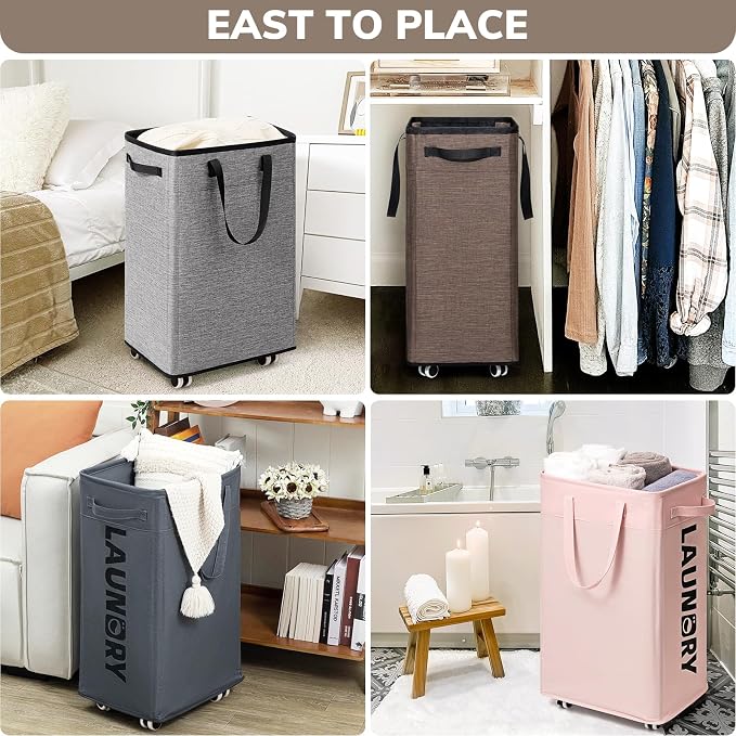 Goodpick 75L Collapsible Laundry Baskets with Removable Wash Bag and Wheels | Laundry Basket with Wheels, Rolling Laundry Hamper with Handle for College Dorm, Laundry Hamper on Wheels, Light Brown