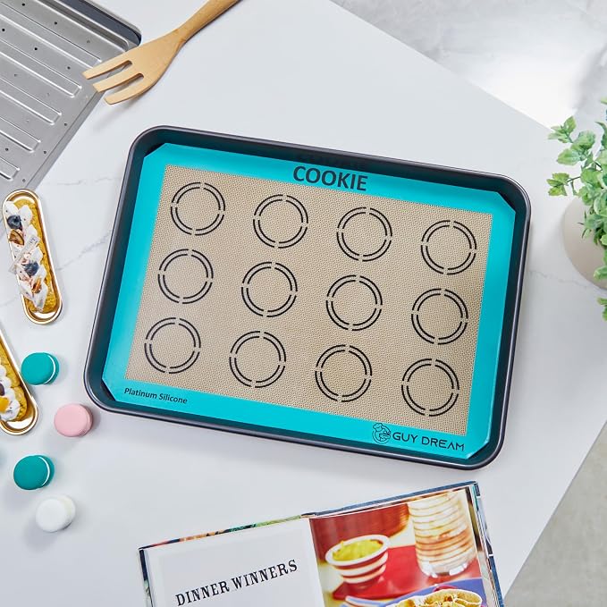 GUYDREMAT 2PCs Half Sheet Silicone Baking Mat Set for Cookie and Macaron - Reusable Premium Food Grade Silicone Macaron Sheets - Heat Resistant Silicone Oven Baking Mat with Measurements for Cookies