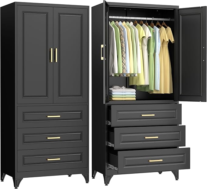 Polup Metal Armoire Wardrobe Closet with Three Drawers, 71“ Tall Large Wardrobe Cabinet with Doors and Hanging Rod, Freestanding Steel Clothes Cabinet for Bedroom, Office, Laundry Room, Black