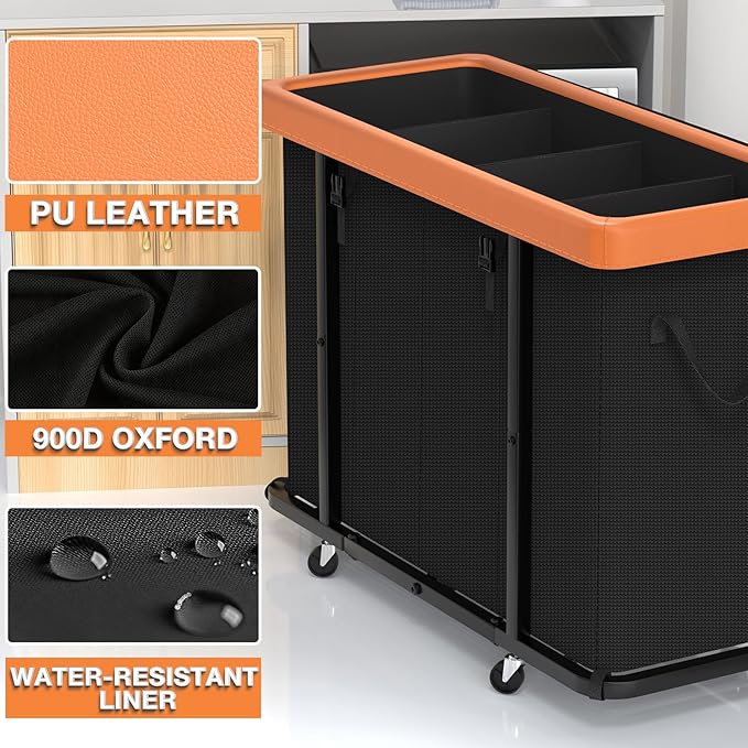 Laundry Basket with Wheels, 300L Leather Patchwork Laundry Sorter 4 Section | Sturdy Metal Frame, Removable Washable Bag, Tall Clothes Sorter for Bedroom - Black
