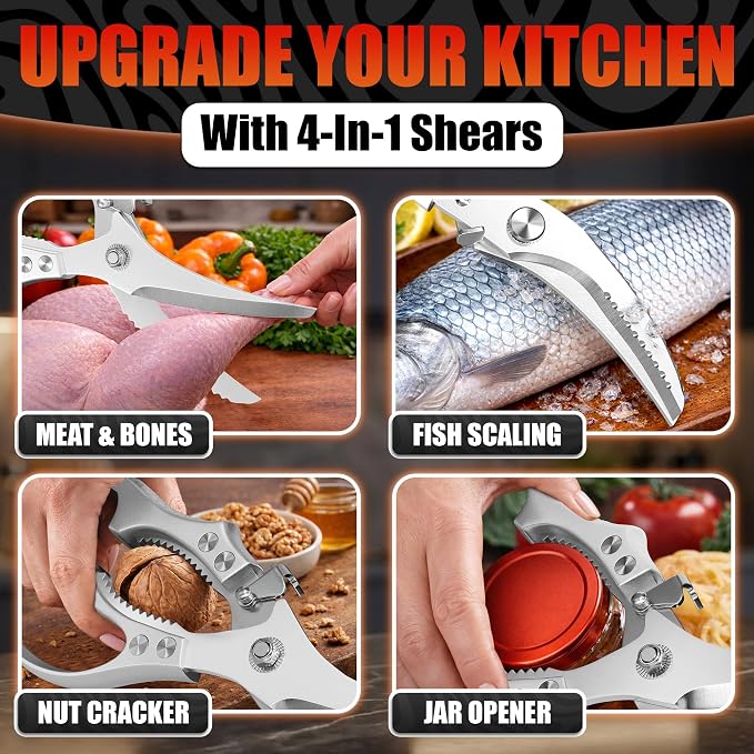 Premium Stainless Steel Poultry Shears – Heavy Duty Kitchen Shears for Food, Hardened Blades, One-Hand Safety Lock, Spring Mechanism, Dishwasher Safe – Chicken, Meat Cutting, Turkey, Fish & Vegetables