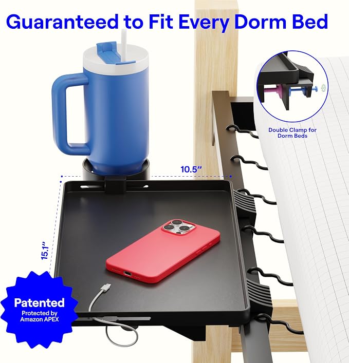 BedShelfie Bedside Shelf for Dorm Room Bunk Bed & Top Bunk, College Dorm Room Essentials, Bedside Caddy, Clip on Floating Tray, Bed Side Table Storage, Loft Nightstand Decor, Black