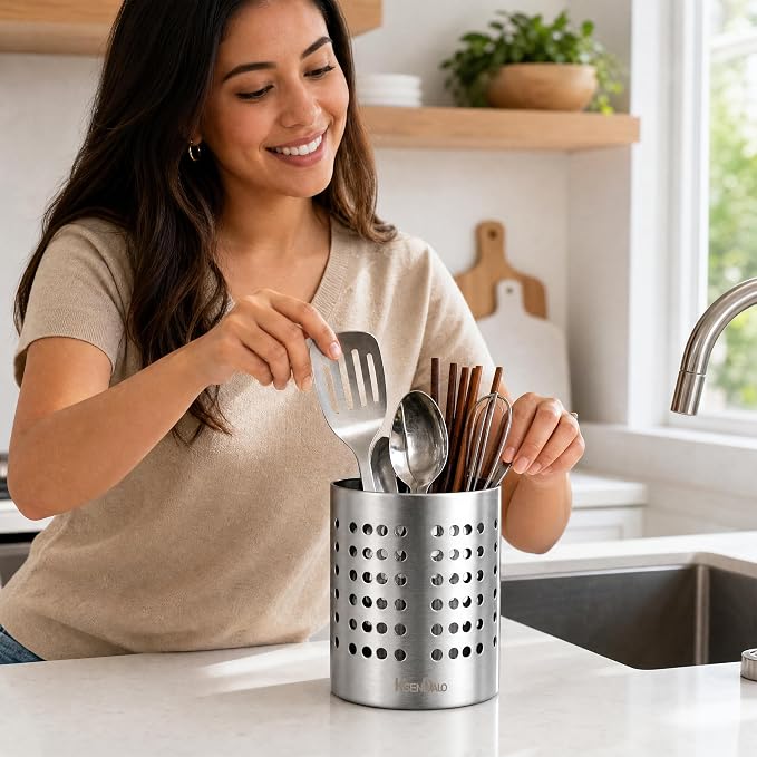 KSENDALO SUS304 Small Stainless Steel Utensil Holder for Countertop, Silver | 18/8 Stainless Silverware Utensil Drying Rack, Sturdy Rust Resistant, 5.32inch Tall, Dishwasher Safe