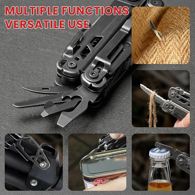33-in-1 Multitool Pliers, Full-size, EDC Knife, Stainless Steel | Scissors, Damascus Pocket Knife, Nylon Sheath, Adjustable Hex Wrench, Survival, Camping, Hiking, Repair, Gift for Men Dad