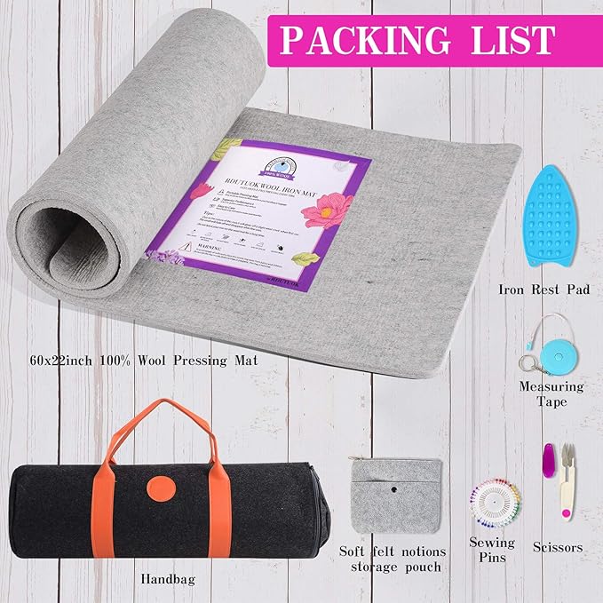 Rdutuok Wool Pressing Mat 60 x 22 Inch Extra Large Ironing Mat for Quilting 1/2" Thick 100% New Zealand Wool Ironing Pad for Quilters Tabletop Ironing Board Alternative for Sewing and Embroidery