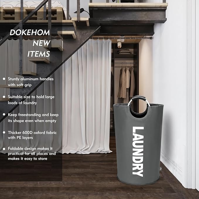 DOKEHOM 90L Large Laundry Basket Bag, Collapsible Tall Hamper, Dark Grey | Freestanding tall washing bin & foldable laundry bag. High-capacity clothes storage basket with durable sturdy handles