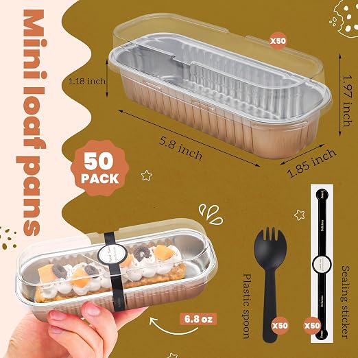 NPLUX 50 PACK Mini Cake Pans with Lids and Spoons, Rectangular Aluminum Foil Bread Pan, Mini Loaf Pans and Food Containers with Lids for Graduation Gifts Party Favors(Champagne, 6.8oz)