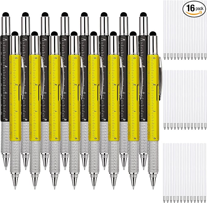 Zhanmai 16 Pcs Multi Tool Pens for Men, 6 in 1 Multitool Ballpoint Pen with Screwdriver Ruler Level Stylus Refills, Bulk Gifts for Employees Office Gadget Supplies Birthday Christmas Stocking Stuffers