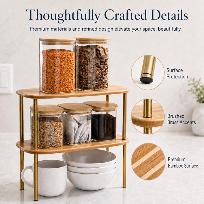 Ibyx Cabinet Organizer Set of 2 - Kitchen Pantry Organizers and Storage with Bamboo Top & Brass-Effect Metal Legs - for Kitchen Counter & Stackable Shelves for Cabinets with 22 lb Capacity - Brown