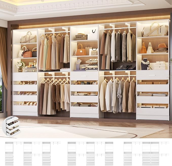 Aheaplus Closet System with 12 Drawers, 138.5" Wood Closet Organizer System with 4 Hanging Rods & Top Shelves, 6.7+4.85Ft L Shaped Corner Walk-in Closets Wardrobe Organizer Rack, Set of 3, White