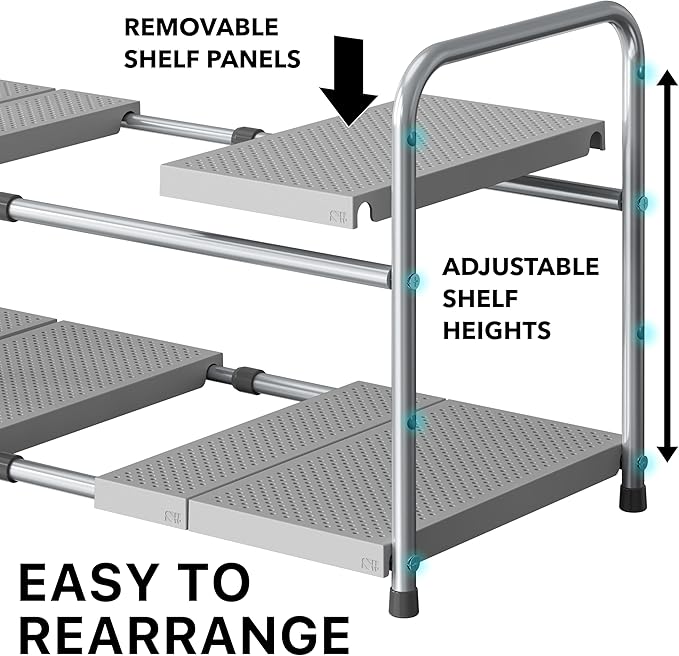 Simple Houseware Under Sink 2-Tier Heavy Duty Expandable Organizer, Silver | Adjustable Width 15.75–25 Inches with 4 Shelf Height Levels