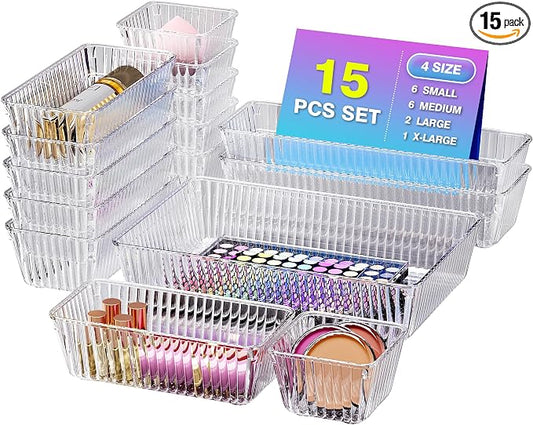 15 PCS Clear Plastic Drawer Organizer Set - 4 Sizes Makeup Organizer Desk Drawer Divider Bathroom Organizers and Storage Bins for Makeup, Jewelry, Gadgets, Office, Kitchen, Bedroom, Bathroom