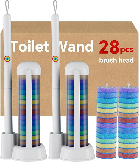 2-Pack Disposable Toilet Brushes and Brush Holder with Extended Handle, Includes 28 Cleaning Replacement Brush Heads for Cleaning Toilets, Bathrooms, and Bathtubs - Colored Refill Heads