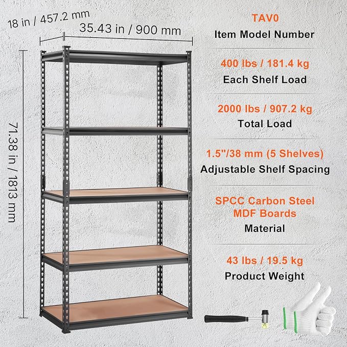 VEVOR Storage Shelves 5-Tier Adjustable 2000 lbs 36"x18"x72" Shelving Unit | Heavy Duty Garage Storage Metal Utility Rack Shelf for Kitchen, Pantry, Basement, Bathroom, Laundry, Living Room, Warehouse