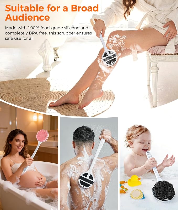 Back Scrubber for Shower - Long Handle Body Brush with Soft Bristles, Exfoliating Deep Clean, Black + Pink
