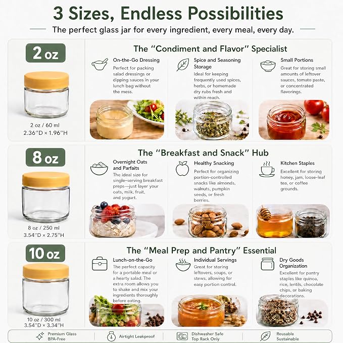 EONJOE 10 oz Small Glass Containers with Lids, Food Storage Jars, 6pk | Perfect for Chia Pudding Jam Snacks Yogurt Overnight Oats Candy ,Dishwasher safe,Airtight