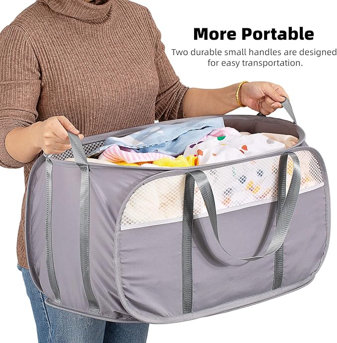 Pop Up Laundry Hamper, Holds 1.5 Loads, Honeycomb Breathable Laundry Basket | Designed at Dryer-Door Height for Easy Unloading, Collapsible with Strong Handles, Lightweight Carry, Tear-Proof Mesh
