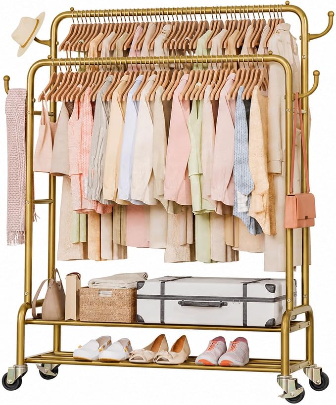 Homde Heavy Duty Clothes Rack: 265lb Rolling Double Rod Garment Hanging - Metal Coat Organizer Storage Display Shelf on Wheels for Bedroom Laundry