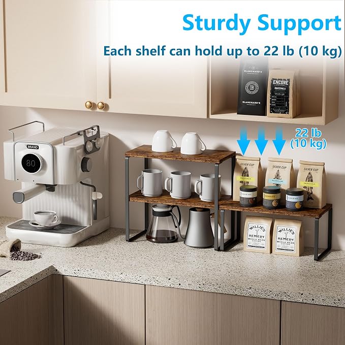 Golener Kitchen Counter Organizer, Countertop Shelf, Adjustable, Stackable | Kitchen Countertop Organizer, Spice Rack, 2-Tier Countertop Shelves, Corner Desk Shelf, Corner Counter Shelf, Rustic Brown
