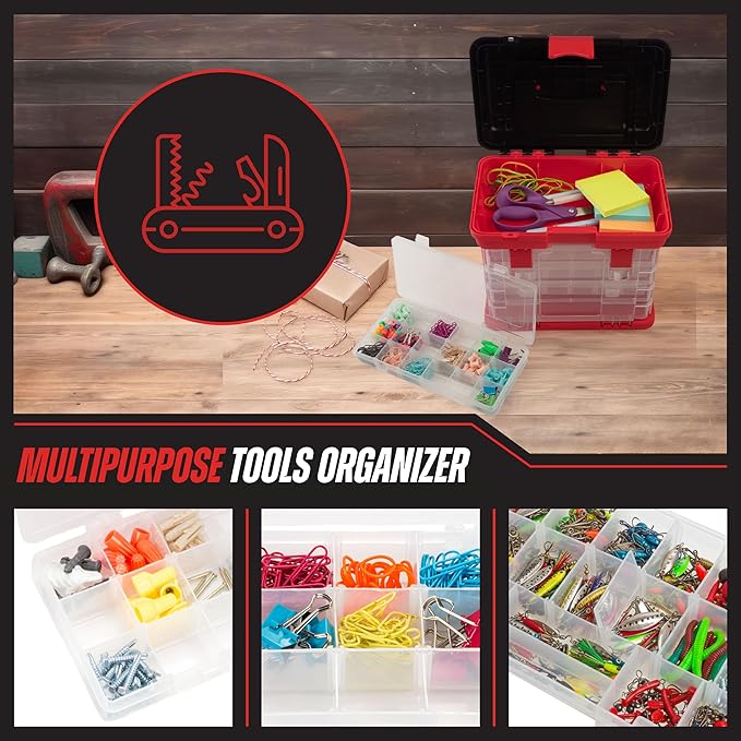 Stalwart Portable Tool Box Small Parts Organizer with Drawers, Red