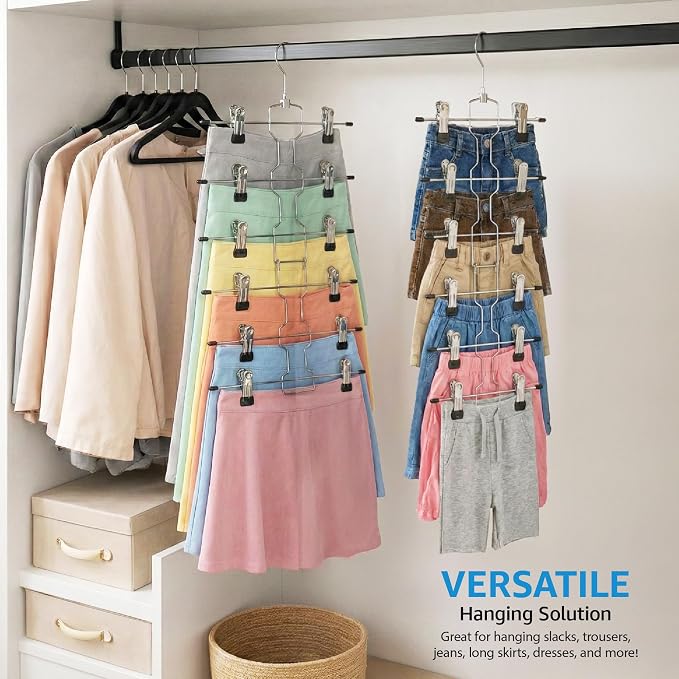 ZOBER 3-Pack 6-Tier Skirt Hangers with Clips - Pants Hangers with Clips Space Saving, Closet Organization, Swivel Hooks, College Dorm Essentials, Skirt Hangers for Women, Jeans Organizer for Closet
