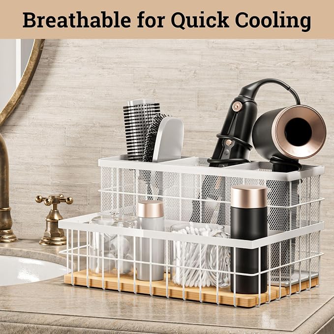 Hair Tool Organizer Countertop, Breathable Metal & Bamboo, Heat-Resistant | No Assembly Required, Removable Baskets, Heat-Resistant Iron, Bamboo Base, Spacious & Breathable Hot Tools Organizer Vanity