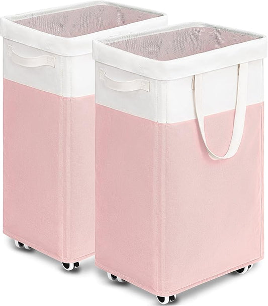 Goodpick 2-Pack Laundry Hamper with Wheels, Dorm Essentials for Girls,75L | Laundry Hamper with Wheels, Collapsible Laundry Basket, Rolling Laundry Hamper with Handle for College Dorm, Pink & White