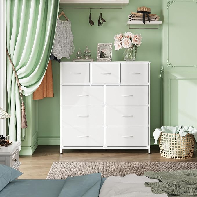 WLIVE 9-Drawer Dresser, Fabric Storage Tower for Bedroom, Hallway, Closet, Tall Chest Organizer Unit for Bedroom with Fabric Bins, Steel Frame, Wood Top, Easy Pull Handle, White