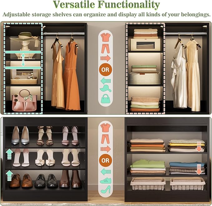 Besiost Closet System with 4 Drawers and Hanging Rods, 59.5"L / 87"L Closet Organizer System with Corner Tower, L Shaped Walk-in Closet System, Corner Closet System with Shelves, Set of 3, Black