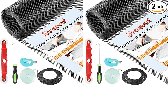 Secopad Window Screen Door Repair Kit, 48" x 177" Screen Door Mesh Replacement Kit, Durable Fiberglass Mesh Roll with Tools for Windows Doors Patio and Porch Replacement, Black (Pack of 2)
