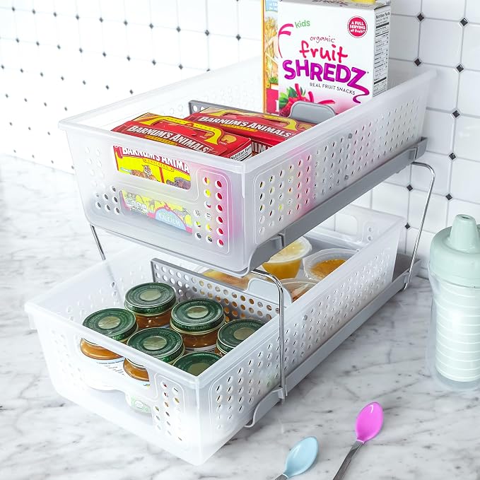 madesmart 2-Tier Organizer Slide-Out Baskets with Handles, Space Saving, Multi-Purpose Storage & BPA-Free, Large, Frost-with Dividers (Pack of 4)