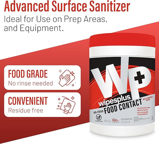 WIPESPLUS Cleaning Wipes All Purpose Food Contact - No Rinse, No Residue, Quick Dry Formula, Disinfecting Wipes For Restaurants, Foodservice, Schools - Canister, 100 Count, (Pack of 6)