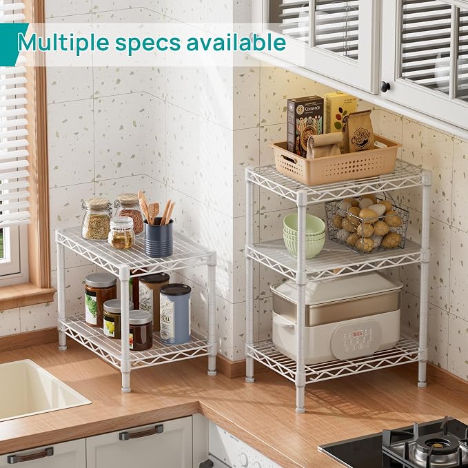 SINGAYE Small Shelves Kitchen Storage Shelf Wire Shelving Metal Adjustable | 2 Tier Shelf Organizers Storage Shelving Unit for Office Pantry Laundry Bathroom Closet Home 11.6" D X 17.6" W X 12" H White