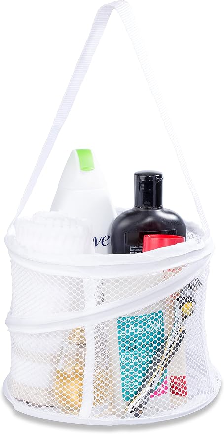 Handy Laundry Portable Shower Caddy Mesh Basket, Small Collapsible Foldable Toiletry Caddy with Handle | Quick Dry Drain Hole, Large Compartments for College Dorm, Gym, Travel, Camping, White