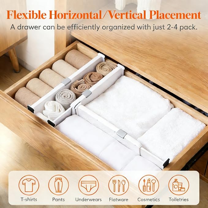Adjustable Drawer Dividers with Matching Inserts, Expandable Drawer Organizers 3.94" High, 10.83-17.3" Length, for Clothing Kitchen Office (4 Dividers with 4 Matching Inserts)