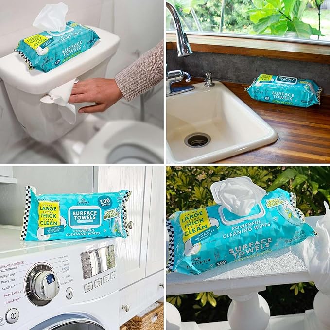 Juniper CLEAN 6 Packs Surface Wipes with Bleach, Thick & Large Dispose, All-Purpose Cleaner for Bathroom, Kitchen, Office, 600 Count Soft Flow, Biodegradable, Fresh Scent