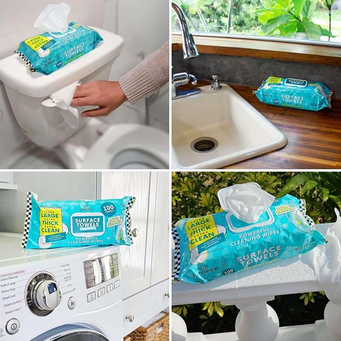 Juniper CLEAN Single Surface Wipes with Bleach, Thick & Large Dispose, All-Purpose Cleaner for Bathroom, Kitchen, Office, 100 Count Soft Flow, Biodegradable, Fresh Scent
