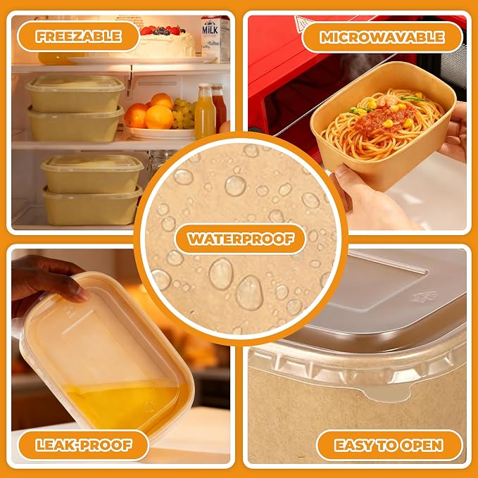 Kaderron 50 Pack 20 OZ Large Paper Bowls with Lids with Spoons and Forks, Heavy Duty Disposable Meal Prep Containers for Party, Soak-Proof and Microwave Safe for Hot/Cold Use