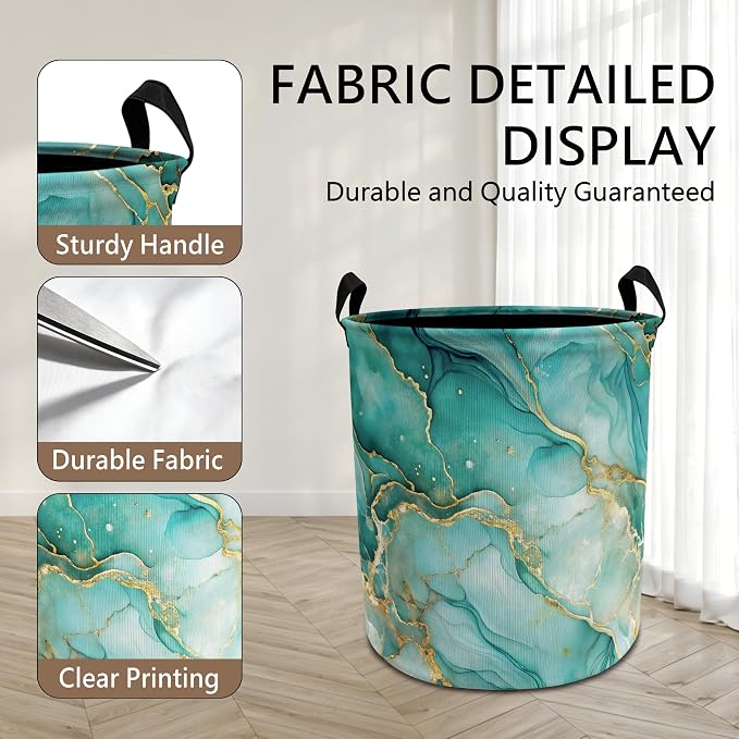 Turquoise and Gold Modern Abstract Laundry Basket with Handles, Luxury Marble Contemporary Collapsible Waterproof Laundry Hamper Clothes Storage Basket for Bedroom Bathroom Home
