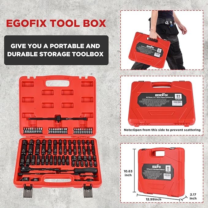 90PCS 1/4" Drive Impact Socket Set Metric 4-15mm and Standard SAE Size (5/32"-9/16"), with 72-Teeth Ratchet, Screwdriver Bit Set, Mechanics Tool Kit for Home Use and Automotive Repair