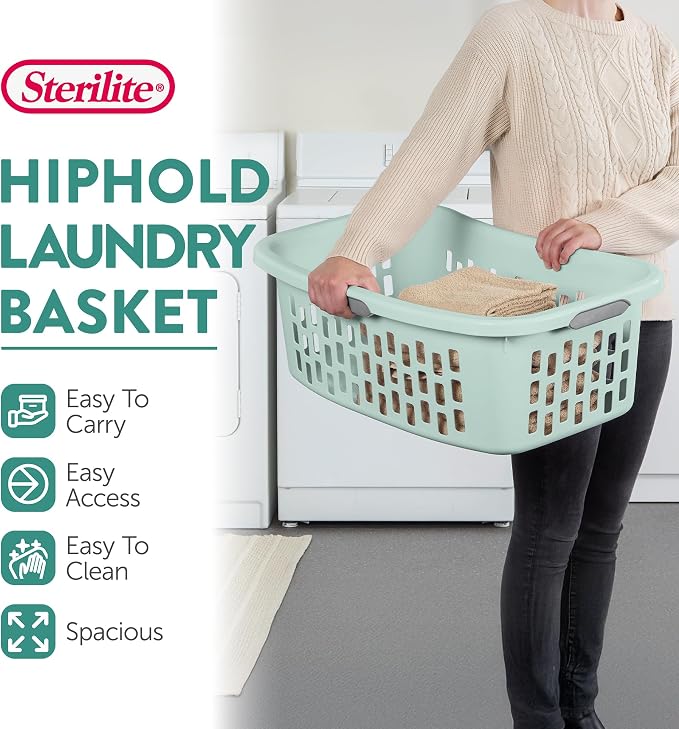 Sterilite HipHold Laundry Basket, Plastic Rectangle Clothes Hamper, 6 Pack | 1.5 Bushel Capacity, Mint, Bin with Comfort Grip Handles & Reinforced Rim