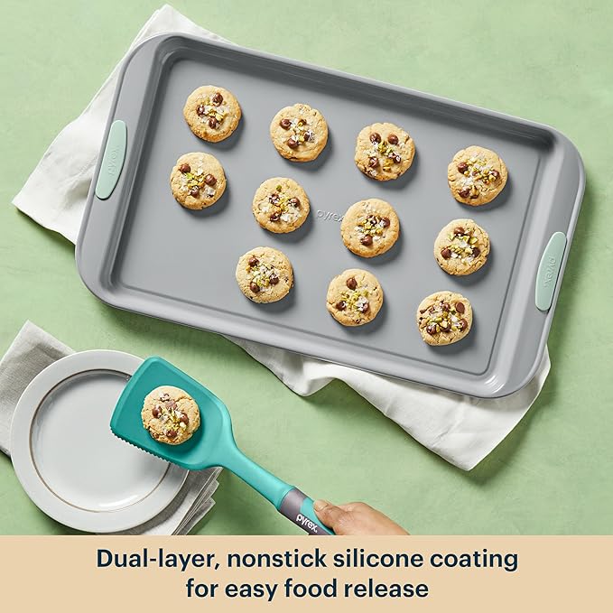 Pyrex 3-Piece Metal Cookie & Muffin Sheet Bakeware Set, Lightweight Stainless Steel Baking Trays with Heatsafe Silicone Handles, Cookie Muffin Sheet Baking Pan, Sage